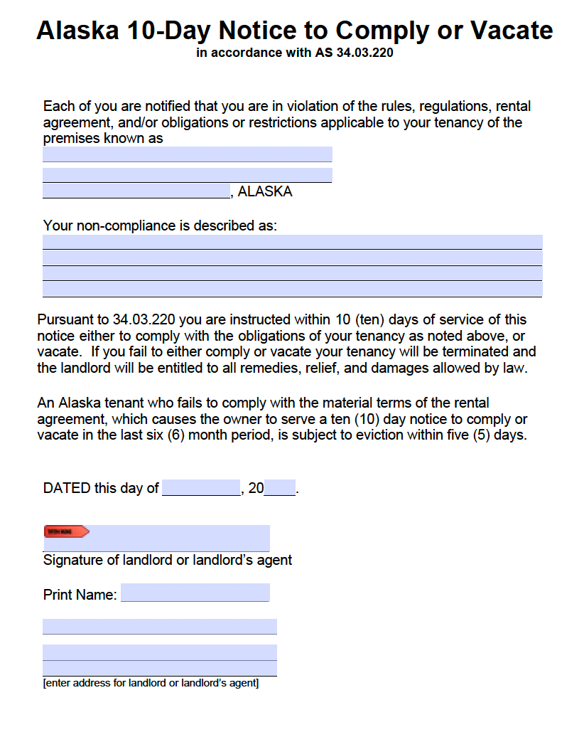 free alaska 10 day notice to comply or quit pdf