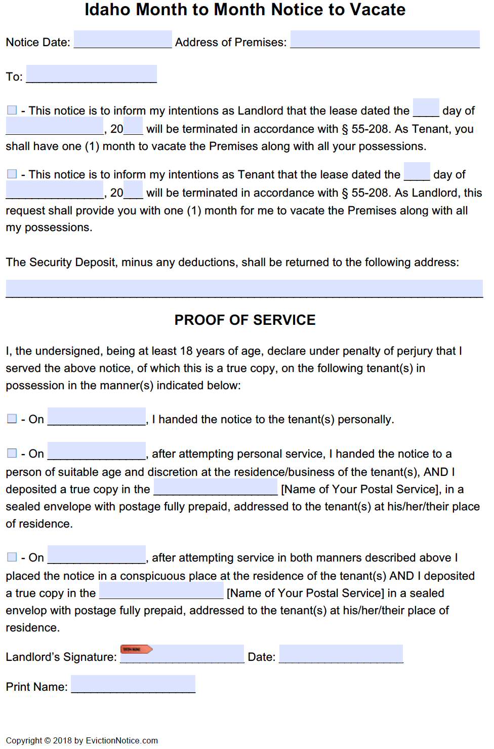Free Idaho 30 Day Notice to Quit | Month to Month Tenancy | PDF