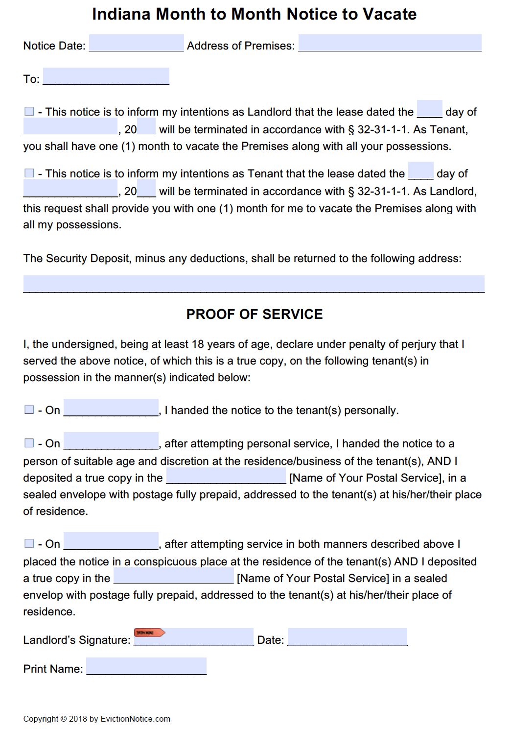 to template notice day 30 letter for landlord Day Month Quit to Month Notice to Free Indiana 30