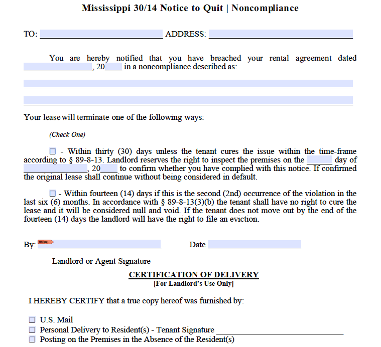 free mississippi 3014 day notice to comply or quit non compliance pdf