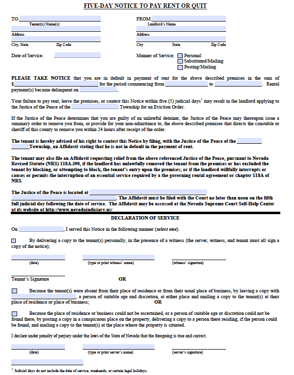 Free Nevada 5 Day Notice To Pay Or Quit PDF
