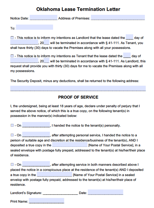 letter payment non Oklahoma to  Day  30 Month Letter Free Termination Month