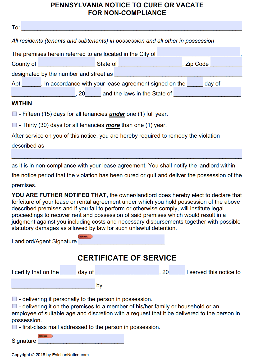 Free Pennsylvania 15 30 Day Notice To Comply Or Quit PDF