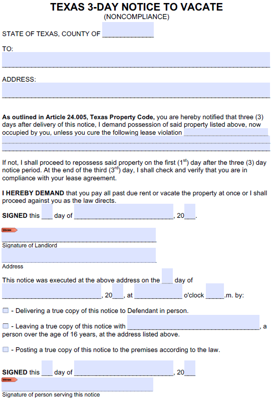 Free Texas 3 Day Notice To Cure Or Quit NonCompliance Or Lease 