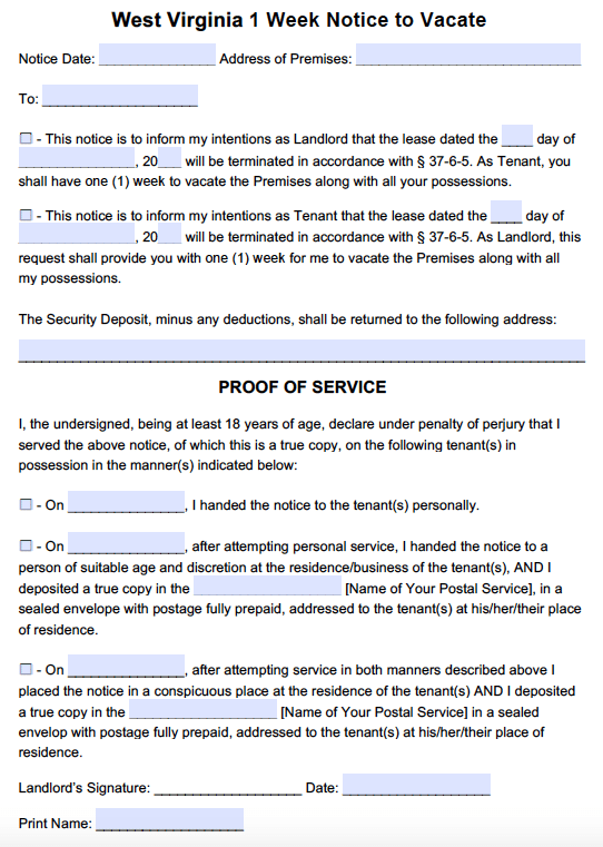 free west virginia 1 week notice to vacate pdf 30 day vacate notice