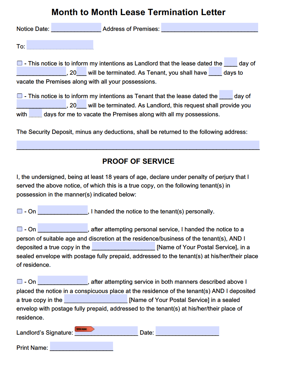 Free Lease Termination Letter Template For Month To Month Tenancy